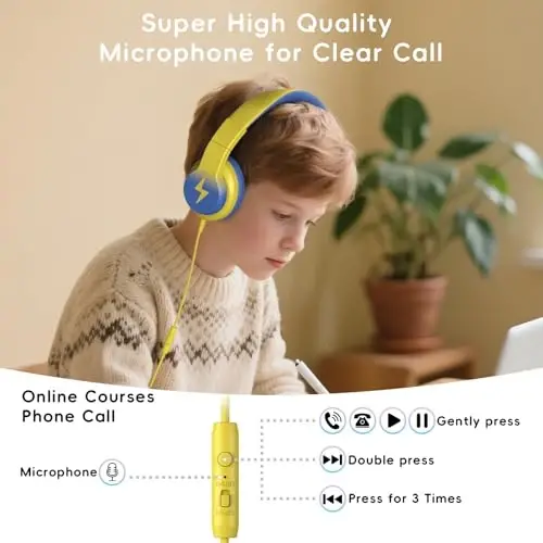 Candy Bila Kids Wired Headphones for Kids with Microphone, 85/94dB Volume Limiter Headphones for Girls Boys, Light Yellow - 6