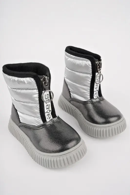 Candy Guaranteed Baby Comfortable Mold Front Zippered Furry Rain and Snow Boot-SILVER - 4