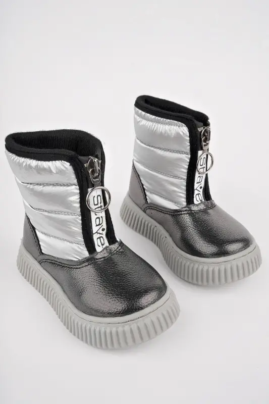 Candy Guaranteed Baby Comfortable Mold Front Zippered Furry Rain and Snow Boot-SILVER - 4