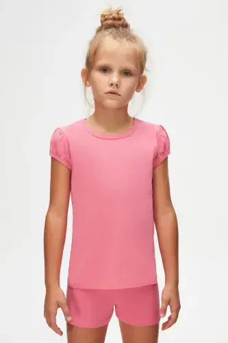 Candy Pink Basic Girls Crew Neck Watermelon Sleeve T-Shirt-CANDY PINK - 1