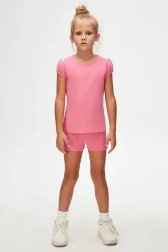 Candy Pink Basic Girls Crew Neck Watermelon Sleeve T-Shirt-CANDY PINK - 4