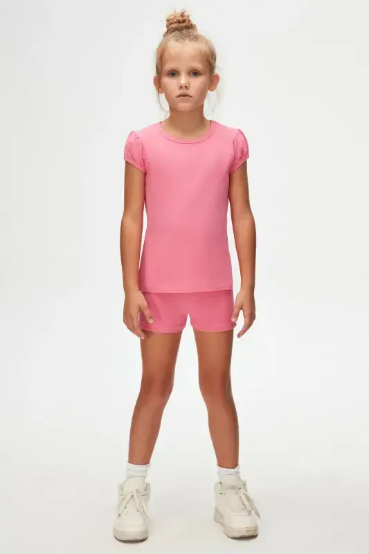 Candy Pink Basic Girls Crew Neck Watermelon Sleeve T-Shirt-CANDY PINK - 4