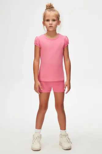 Candy Pink Basic Girls Crew Neck Watermelon Sleeve T-Shirt-CANDY PINK 