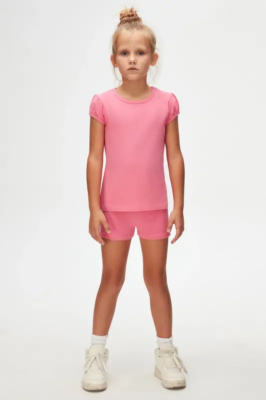 Candy Pink Basic Girls Crew Neck Watermelon Sleeve T-Shirt-CANDY PINK - 1