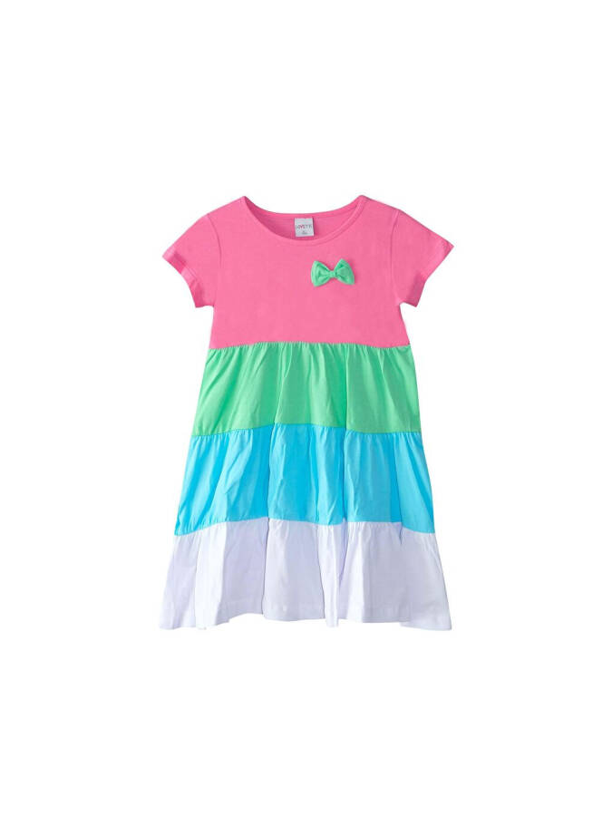 Candy Pink + White Girl Short Sleeve Bowknot Colorful Layered Dress-Pink - 1