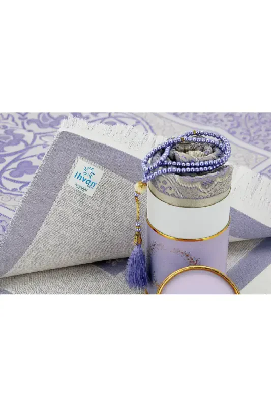 Canım Anneme Seccadeli Ve Inci Tesbihli Özel Silindir Kutulu Set - Lila Renk-Lila - 5