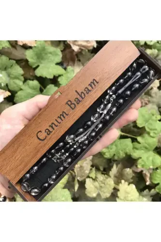 Canım Babam Yazılı Siyah Şeffaf Hareli Özel Ahşap Kutulu Tesbih-şeffaf siyah - 1