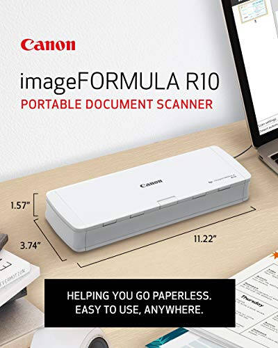 Canon imageFORMULA R10 Taşınabilir Belge Tarayıcı, Çift Taraflı Tarama 20 Sayfalık Besleyiciyle, Ev veya Ofis İçin Kolay Kurulum, Yazılım Dahil (4861C001) - 2