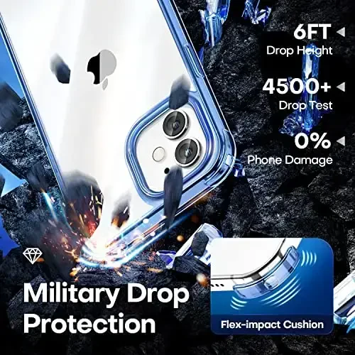 CANSHN Clear Compatible with iPhone 12 Case/iPhone 12 Pro Case [Military Drop Protection] [Not Yellowing] Shockproof Phone Case with Hard Back & Slim Thin Soft TPU Bumpers 6.1 Inch - Blue - 3