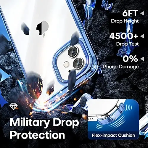 CANSHN Clear Compatible with iPhone 12 Case/iPhone 12 Pro Case [Military Drop Protection] [Not Yellowing] Shockproof Phone Case with Hard Back & Slim Thin Soft TPU Bumpers 6.1 Inch - Blue - 3
