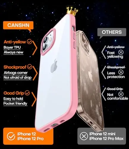 CANSHN Clear Compatible with iPhone 12 Case/iPhone 12 Pro Case [Military Drop Protection] Not Yellowing Shockproof Protective Cover Bumpers Slim Thin Phone Case 6.1 inch - Pink - 3