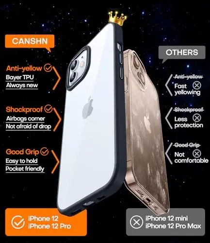 CANSHN iPhone 12 Case/iPhone 12 Pro Case bilan mos keladi [Harbiy tomchidan himoya] Sariqlikni oldini oladi Zarba o'tkazmaydigan himoya qopqog'i Bamperlar Yupqa ingichka telefon qutisi 6,1 dyuym - Qora - 3