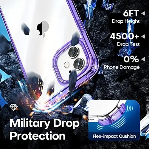 CANSHN iPhone 12 Case/iPhone 12 Pro Case bilan mos keladi, [Harbiy tushishdan himoya] [Sarg'aymaydi] Qattiq orqa va ingichka yupqa TPU bamperli zarbga chidamli telefon qutisi 6,1 dyuym - Binafsha - 3