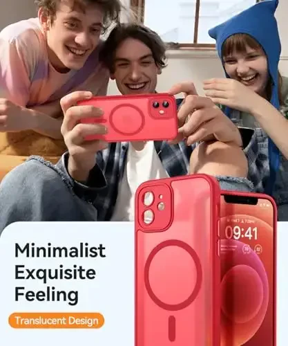 CANSHN Magnetic Compatible with iPhone 12 Case, Upgraded [Full Camera Protection] [Compatible with Magsafe] [Translucent Matte] Shockproof Protective Phone Case Cover 6.1 Inch - Red - 7