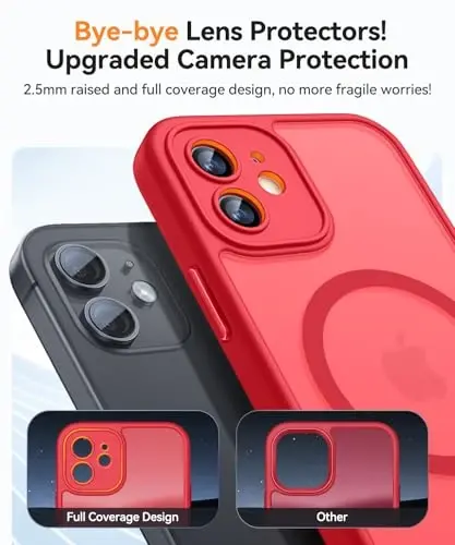 CANSHN Magnetic Compatible with iPhone 12 Case, Upgraded [Full Camera Protection] [Compatible with Magsafe] [Translucent Matte] Shockproof Protective Phone Case Cover 6.1 Inch - Red - 3