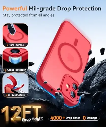 CANSHN Magnetic Compatible with iPhone 12 Case, Upgraded [Full Camera Protection] [Compatible with Magsafe] [Translucent Matte] Shockproof Protective Phone Case Cover 6.1 Inch - Red - 6