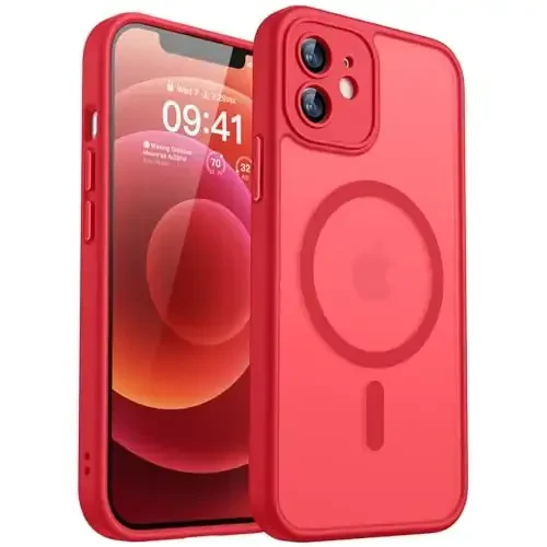 CANSHN Magnetic Compatible with iPhone 12 Case, Upgraded [Full Camera Protection] [Compatible with Magsafe] [Translucent Matte] Shockproof Protective Phone Case Cover 6.1 Inch - Red - CANSHN