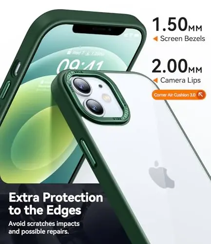 CANSHN Clear Compatible with iPhone 12 Case/iPhone 12 Pro Case [Military Drop Protection] Not Yellowing Shockproof Protective Cover Bumpers Slim Thin Phone Case 6.1 inch - Deep Green - 5
