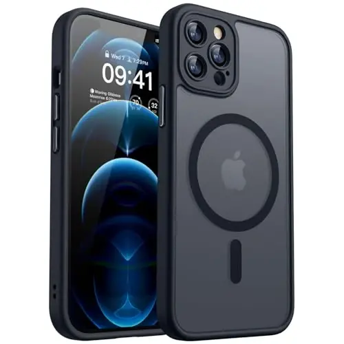 CANSHN Magnetic Compatible with iPhone 12 Pro Case, Upgraded [Full Camera Protection] [Compatible with Magsafe] [Translucent Matte] Shockproof Protective Phone Cover 6.1 Inch - Black - 1
