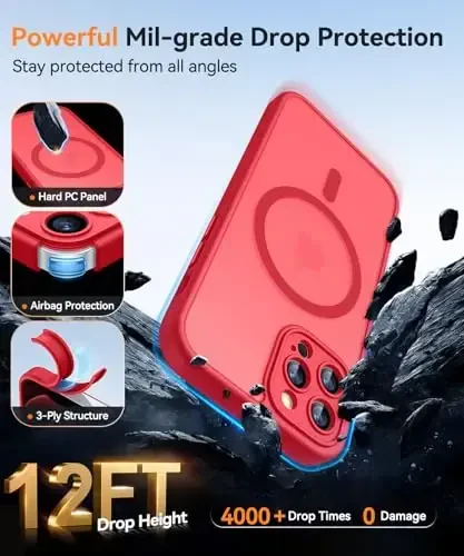 CANSHN Magnetic Compatible with iPhone 12 Pro Case, Upgraded [Full Camera Protection] [Compatible with Magsafe] [Translucent Matte] Shockproof Protective Phone Cover 6.1 Inch - Red - 6