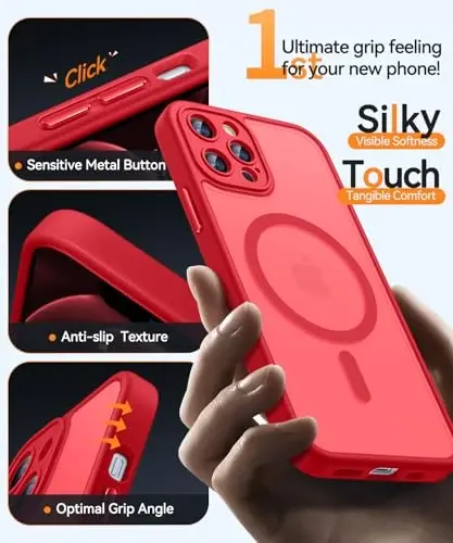 CANSHN Magnetic Compatible with iPhone 12 Pro Case, Upgraded [Full Camera Protection] [Compatible with Magsafe] [Translucent Matte] Shockproof Protective Phone Cover 6.1 Inch - Red - 5