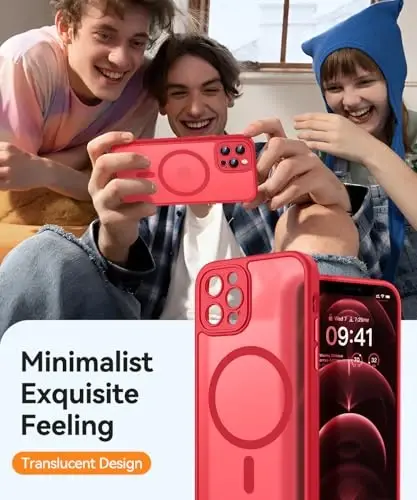 CANSHN Magnetic Compatible with iPhone 12 Pro Case, Upgraded [Full Camera Protection] [Compatible with Magsafe] [Translucent Matte] Shockproof Protective Phone Cover 6.1 Inch - Red - 7