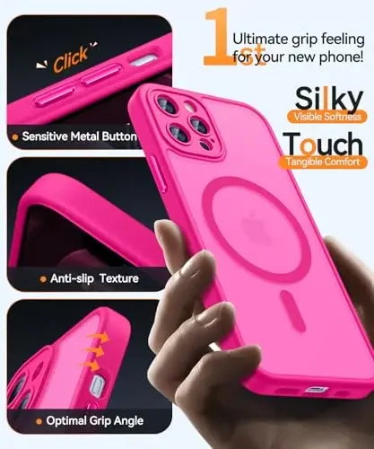 CANSHN Magnetic Compatible with iPhone 12 Pro Case, Upgraded [Full Camera Protection] [Compatible with Magsafe] [Translucent Matte] Shockproof Protective Phone Cover 6.1 Inch - Hot Pink - 5