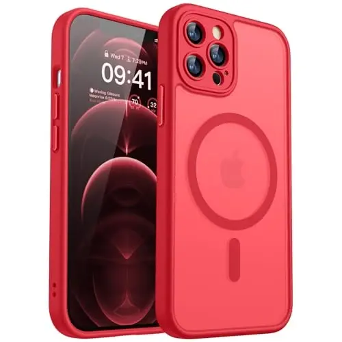 CANSHN Magnetic Compatible with iPhone 12 Pro Max Case, Upgraded [Full Camera Protection] [Compatible with Magsafe] [Translucent Matte] Shockproof Protective Phone Cover 6.7 Inch - Red 