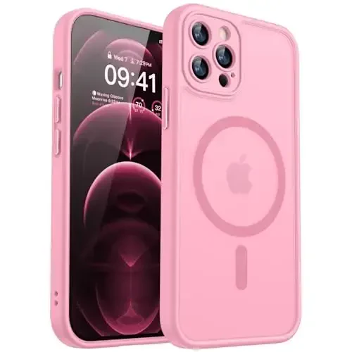 CANSHN Magnetic Compatible with iPhone 12 Pro Max Case, Upgraded [Full Camera Protection] [Compatible with Magsafe] [Translucent Matte] Shockproof Protective Phone Cover 6.7 Inch - Pink - 1