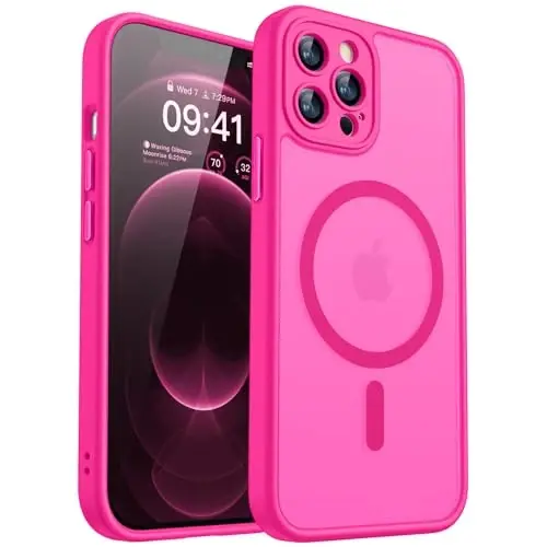 CANSHN Magnetic Compatible with iPhone 12 Pro Max Case, Upgraded [Full Camera Protection] [Compatible with Magsafe] [Translucent Matte] Shockproof Protective Phone Cover 6.7 Inch - Hot Pink - 1
