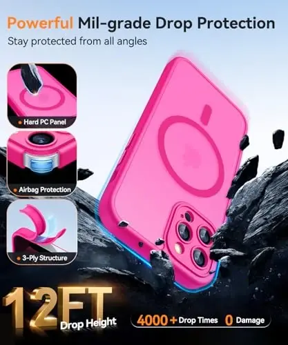 CANSHN Magnetic Compatible with iPhone 12 Pro Max Case, Upgraded [Full Camera Protection] [Compatible with Magsafe] [Translucent Matte] Shockproof Protective Phone Cover 6.7 Inch - Hot Pink - 6