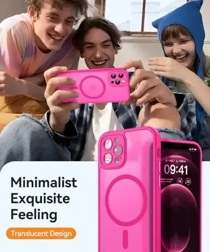 CANSHN Magnetic Compatible with iPhone 12 Pro Max Case, Upgraded [Full Camera Protection] [Compatible with Magsafe] [Translucent Matte] Shockproof Protective Phone Cover 6.7 Inch - Hot Pink - 7