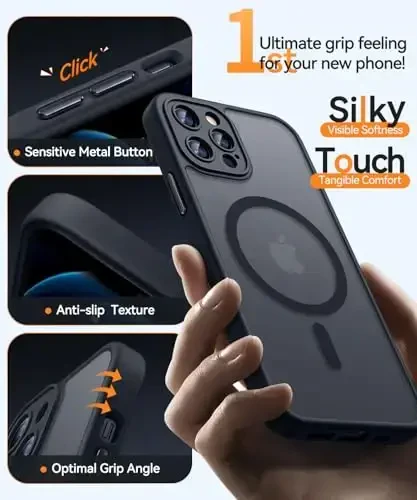 CANSHN iPhone 12 Pro Max uchun magnit mos keladigan g'ilof, yangilangan [To'liq kamera himoyasi] [Magsafe bilan mos keladi] [Yarim shaffof mat] zarbga chidamli himoya telefon qopqog'i 6,7 dyuym - Qora - 5