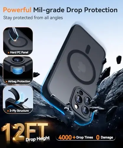 CANSHN iPhone 12 Pro Max uchun magnit mos keladigan g'ilof, yangilangan [To'liq kamera himoyasi] [Magsafe bilan mos keladi] [Yarim shaffof mat] zarbga chidamli himoya telefon qopqog'i 6,7 dyuym - Qora - 6