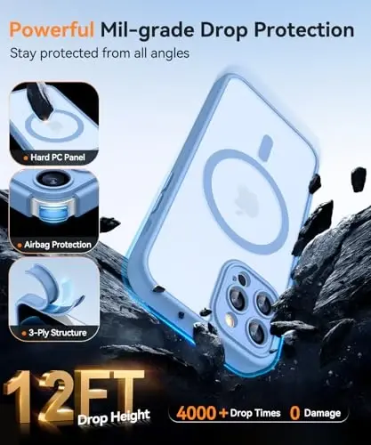 CANSHN iPhone 12 Pro Max uchun magnit mos keladigan g'ilof, yangilangan [To'liq kamera himoyasi] [Magsafe bilan mos] [Yarim shaffof mat] zarbga chidamli himoya telefon qopqog'i 6,7 dyuym - Ochiq ko'k - 6