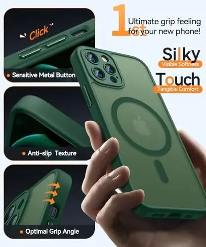 CANSHN iPhone 12 Pro Max uchun magnit moslashuvchan g'ilof, yangilangan [To'liq kamera himoyasi] [Magsafe bilan mos] [Shaffof mat] Zarba o'tkazmaydigan himoya telefon qopqog'i 6.7 dyuym - To'q yashil - 5