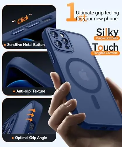 CANSHN iPhone 12 Pro uchun magnit bilan mos keluvchi g‘ilof, yangilangan [To‘liq kamera himoyasi] [Magsafe bilan mos] [Shaffof mat] Zarbalarga chidamli himoya telefon qopqog‘i 6.1 dyuym - To‘q ko‘k - 5
