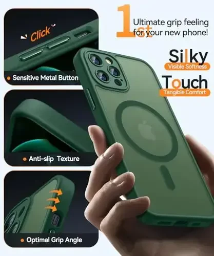 CANSHN iPhone 12 Pro uchun magnit mos keladigan g'ilof, yangilangan [To'liq kamera himoyasi] [Magsafe bilan mos] [Yarim shaffof mat] Zarba o'tkazmaydigan himoya telefon qopqog'i 6.1 dyuym - To'q yashil - 5