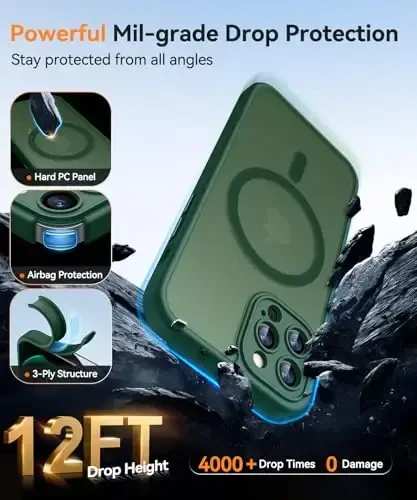 CANSHN iPhone 12 Pro uchun magnit mos keladigan g'ilof, yangilangan [To'liq kamera himoyasi] [Magsafe bilan mos] [Yarim shaffof mat] Zarba o'tkazmaydigan himoya telefon qopqog'i 6.1 dyuym - To'q yashil - 6