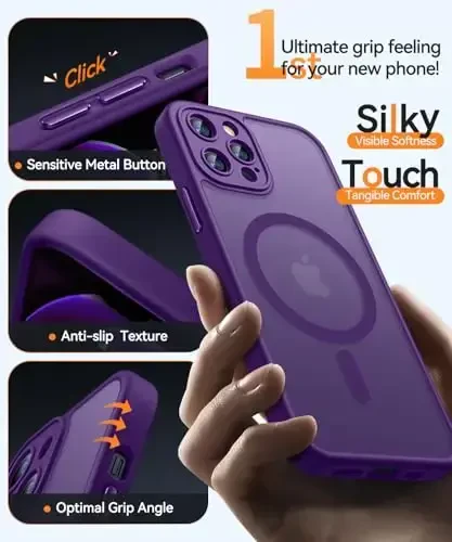 CANSHN iPhone 12 Pro uchun magnitli gʻilof, [Toʻliq kamera himoyasi] [Magsafe bilan mos] [Yarim shaffof mat] Zarba oʻtkazmaydigan himoya telefon qopqogʻi 6.1 dyuym - Toʻq binafsha - 5