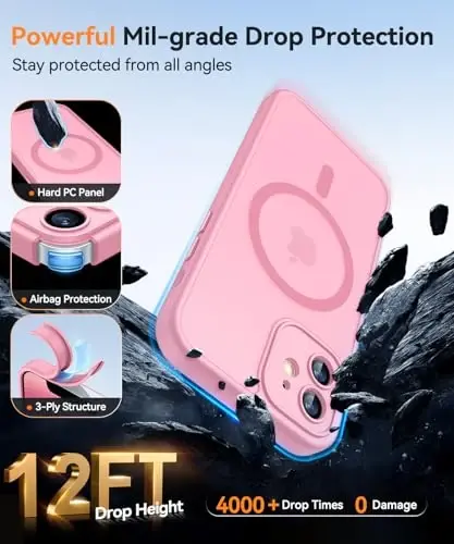 CANSHN iPhone 12 uchun magnit bilan mos keladigan g‘ilof, [To‘liq kamera himoyasi] [Magsafe bilan mos keladi] [Yarim shaffof mat] Zarbadan himoya qiluvchi telefon g‘ilofi 6,1 dyuym - Pushti - 6