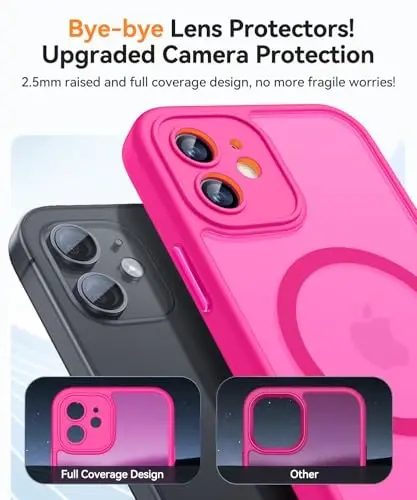 CANSHN iPhone 12 uchun magnit mos keladigan g'ilof, yangilangan [To'liq kamera himoyasi] [Magsafe bilan mos keladi] [Shaffof mat] Zarba o'tkazmaydigan himoya telefon g'ilofi qopqog'i 6.1 dyuym - To'q pushti - 3