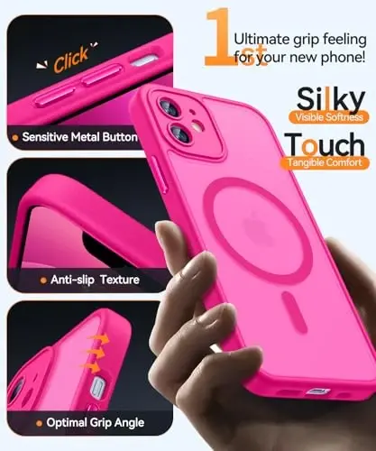 CANSHN iPhone 12 uchun magnit mos keladigan g'ilof, yangilangan [To'liq kamera himoyasi] [Magsafe bilan mos keladi] [Shaffof mat] Zarba o'tkazmaydigan himoya telefon g'ilofi qopqog'i 6.1 dyuym - To'q pushti - 5