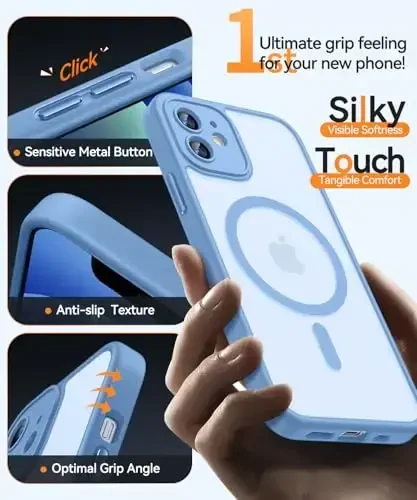 CANSHN iPhone 12 uchun magnitli g'ilof, [To'liq kamera himoyasi] [Magsafe bilan mos] [Yarim shaffof mat] zarbga chidamli himoya telefon g'ilofi 6.1 dyuym - och ko'k - 5