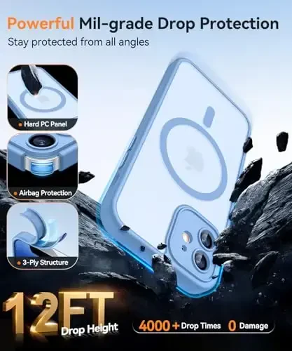 CANSHN iPhone 12 uchun magnitli g'ilof, [To'liq kamera himoyasi] [Magsafe bilan mos] [Yarim shaffof mat] zarbga chidamli himoya telefon g'ilofi 6.1 dyuym - och ko'k - 6