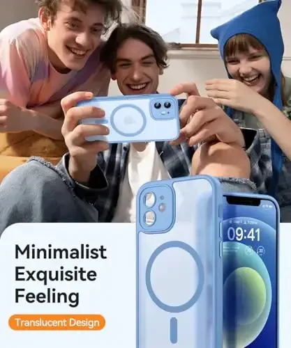 CANSHN iPhone 12 uchun magnitli g'ilof, [To'liq kamera himoyasi] [Magsafe bilan mos] [Yarim shaffof mat] zarbga chidamli himoya telefon g'ilofi 6.1 dyuym - och ko'k - 7