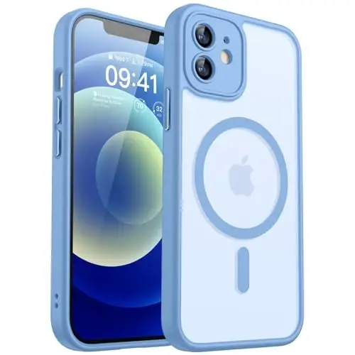 CANSHN iPhone 12 uchun magnitli g'ilof, [To'liq kamera himoyasi] [Magsafe bilan mos] [Yarim shaffof mat] zarbga chidamli himoya telefon g'ilofi 6.1 dyuym - och ko'k - 1