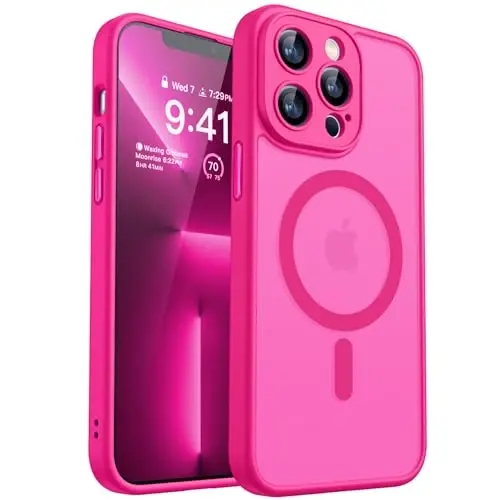CANSHN Magnetic Compatible with iPhone 13 Pro Case, Upgraded [Full Camera Protection] [Compatible with Magsafe] [Translucent Matte] Shockproof Protective Phone Case Cover 6.1 Inch - Hot Pink - 1
