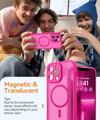 CANSHN Magnetic Compatible with iPhone 13 Pro Case, Upgraded [Full Camera Protection] [Compatible with Magsafe] [Translucent Matte] Shockproof Protective Phone Case Cover 6.1 Inch - Hot Pink - 3