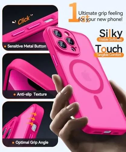 CANSHN Magnetic Compatible with iPhone 13 Pro Case, Upgraded [Full Camera Protection] [Compatible with Magsafe] [Translucent Matte] Shockproof Protective Phone Case Cover 6.1 Inch - Hot Pink - 6